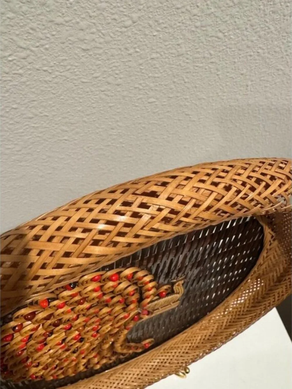 Vintage Bamboo Peacock Wall Decor, Handwoven Woven Basket Tray, Bird Wall Hangin